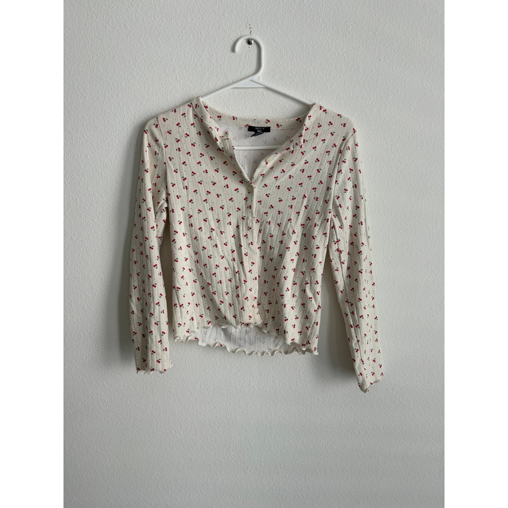 Forever 21 Kids Cherry Print Ribbed Cardigan Cream Long Sleeve Size 11/12